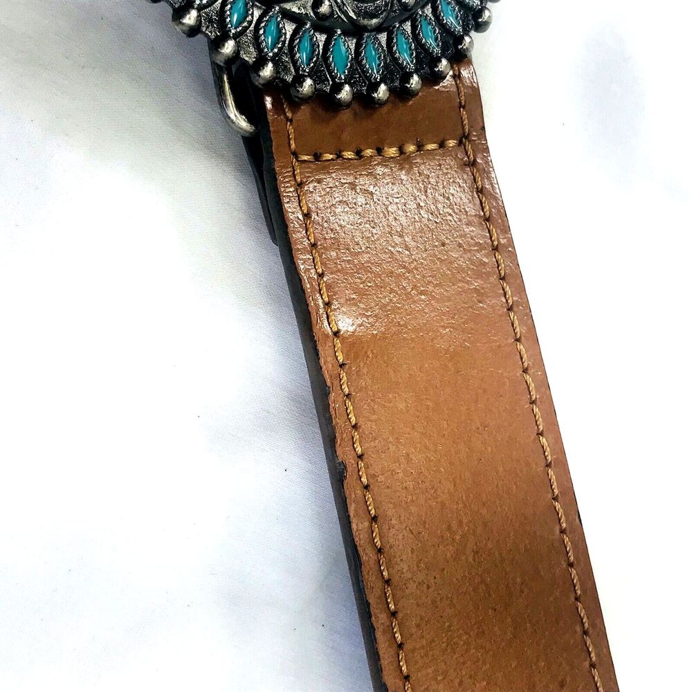 Faux Turquoise Buckle Leather Belt S M Women Concho Silver Brown Western 26-32 - Picture 10 of 14